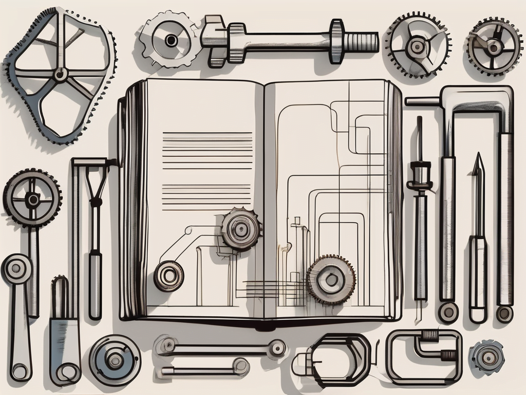 Various industrial tools and equipment arranged in a way that they form the outline of an open book