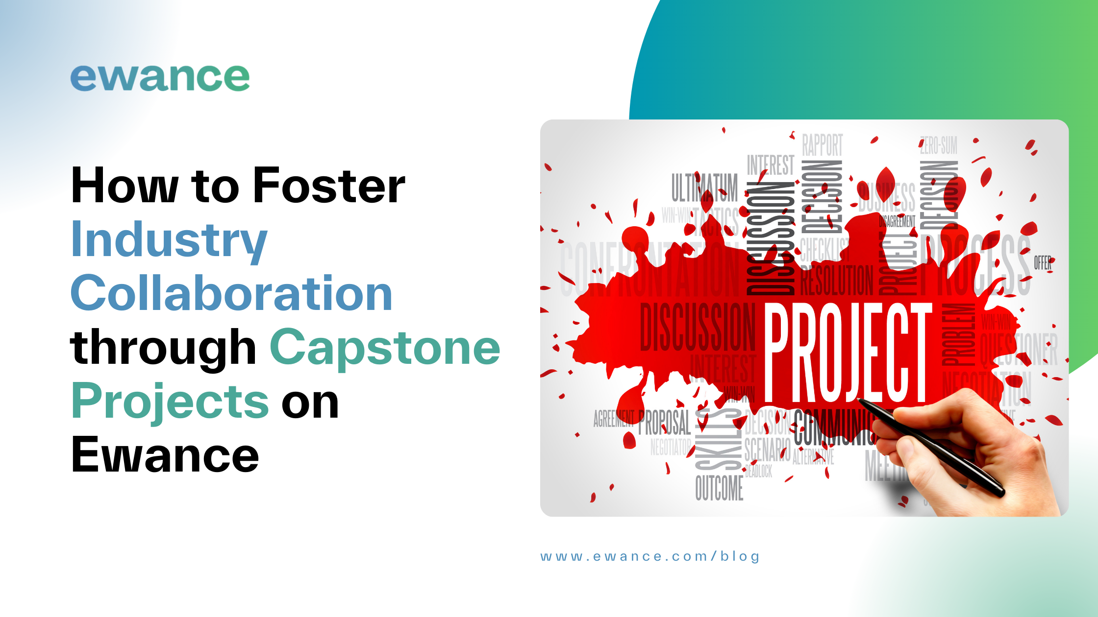 How to Foster Industry Collaboration through Capstone Projects on Ewance. The image features the Ewance logo and a visual representation of a capstone project with a red paint splatter containing words related to project management, such as 'discussion,' 'proposal,' and 'communication.' The URL www.ewance.com/blog is displayed at the bottom."